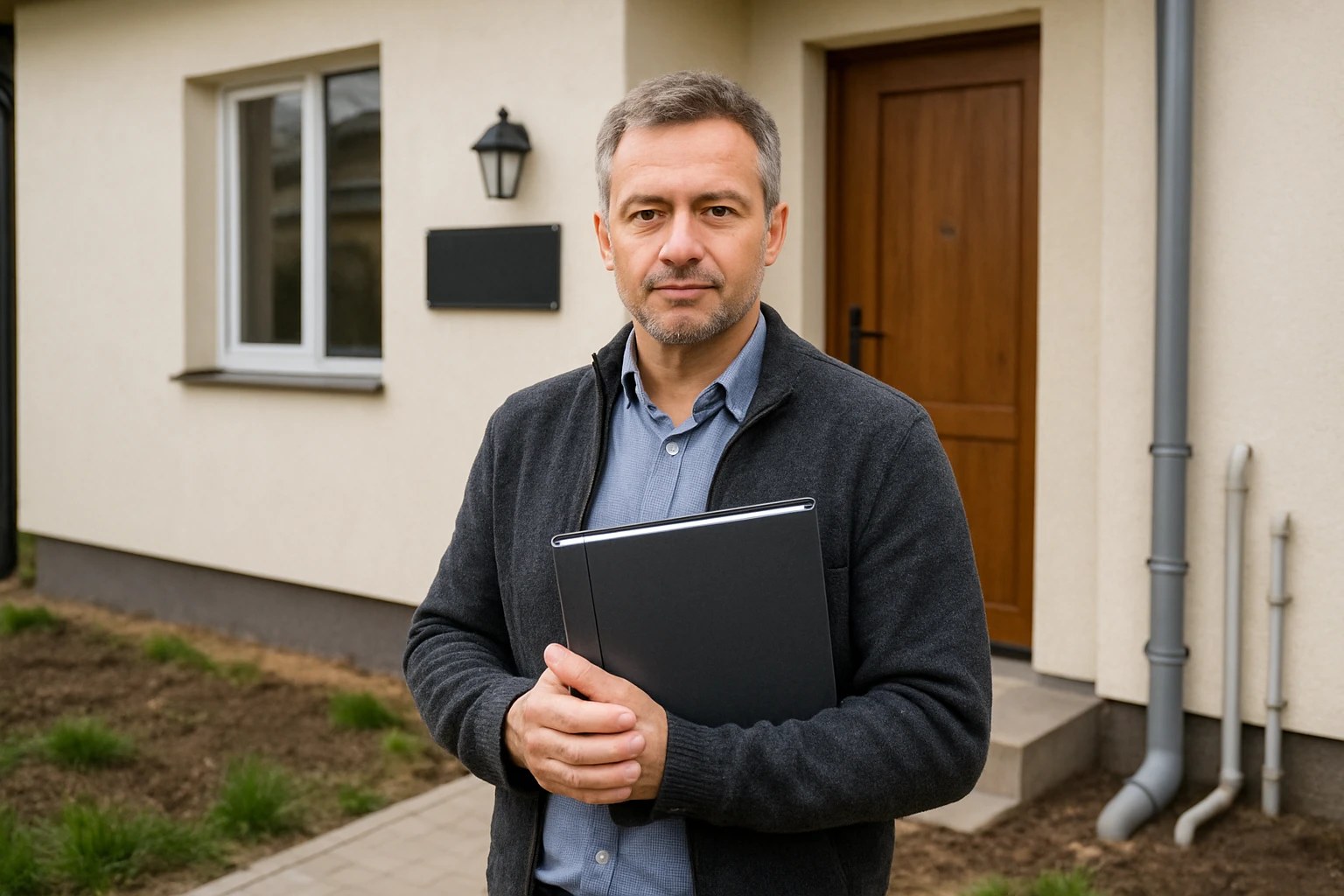 власник із текою документів біля новозбудованого приватного будинку
