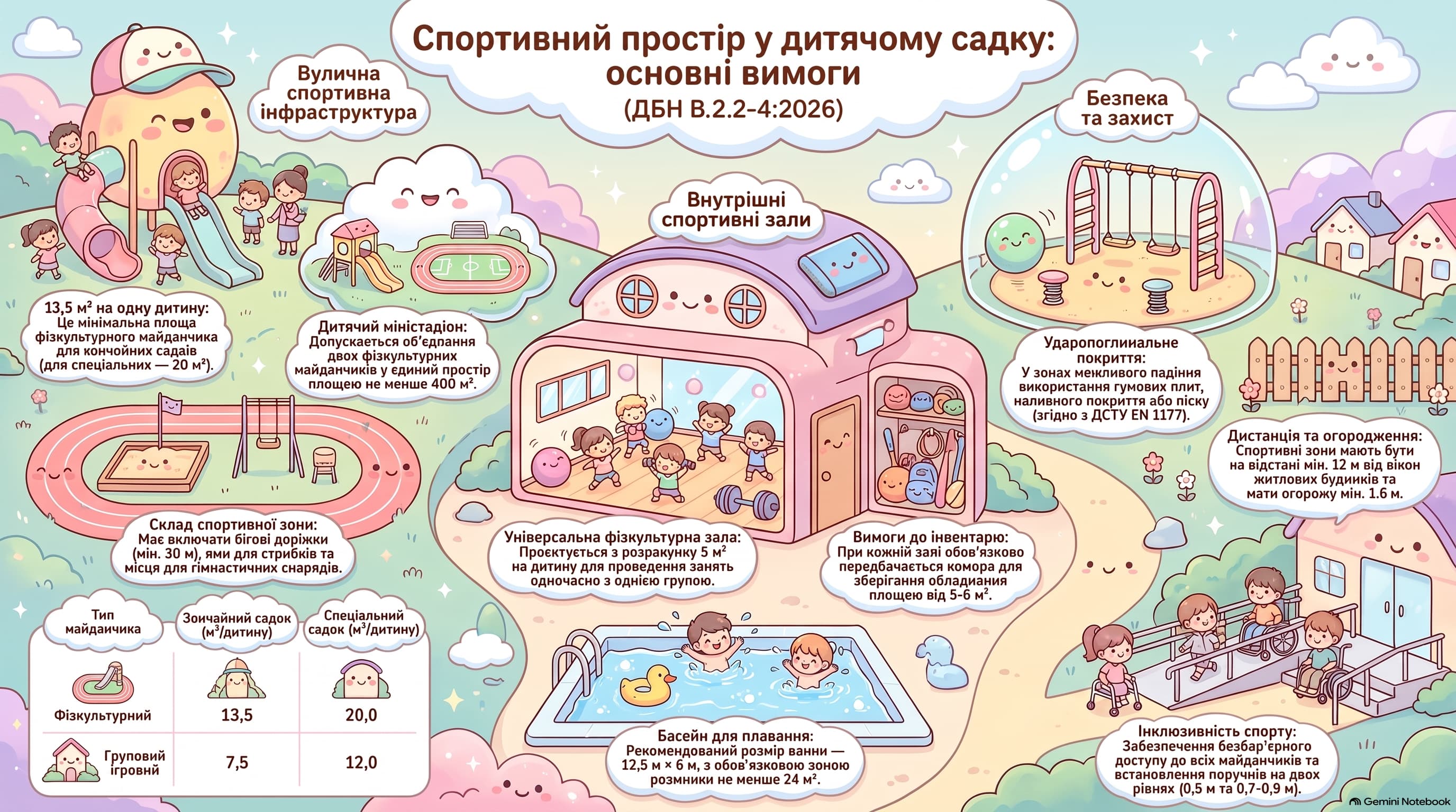 схема що містить вимоги для спортивної нфраструктури дитячого садочка за ДБН